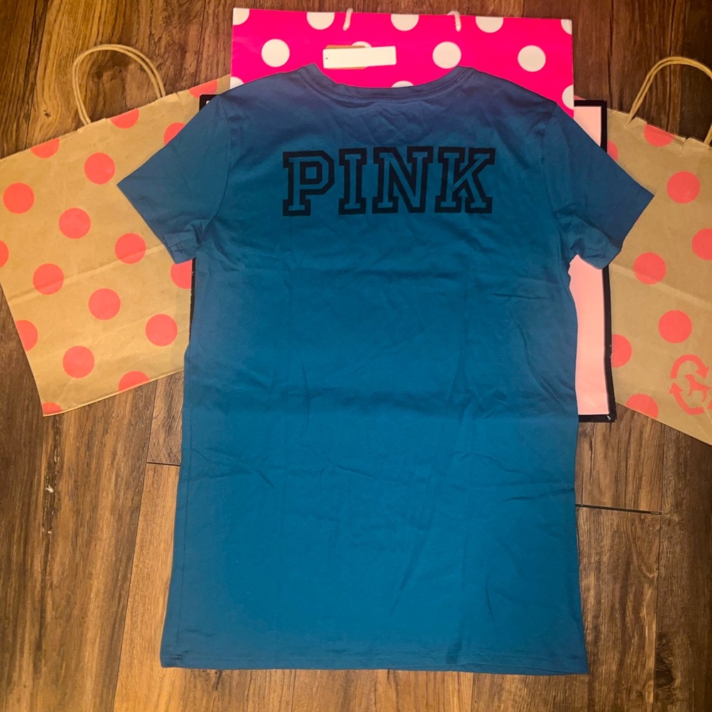NWT VS PINK Size SMALL Teal with Black Logo Tee.